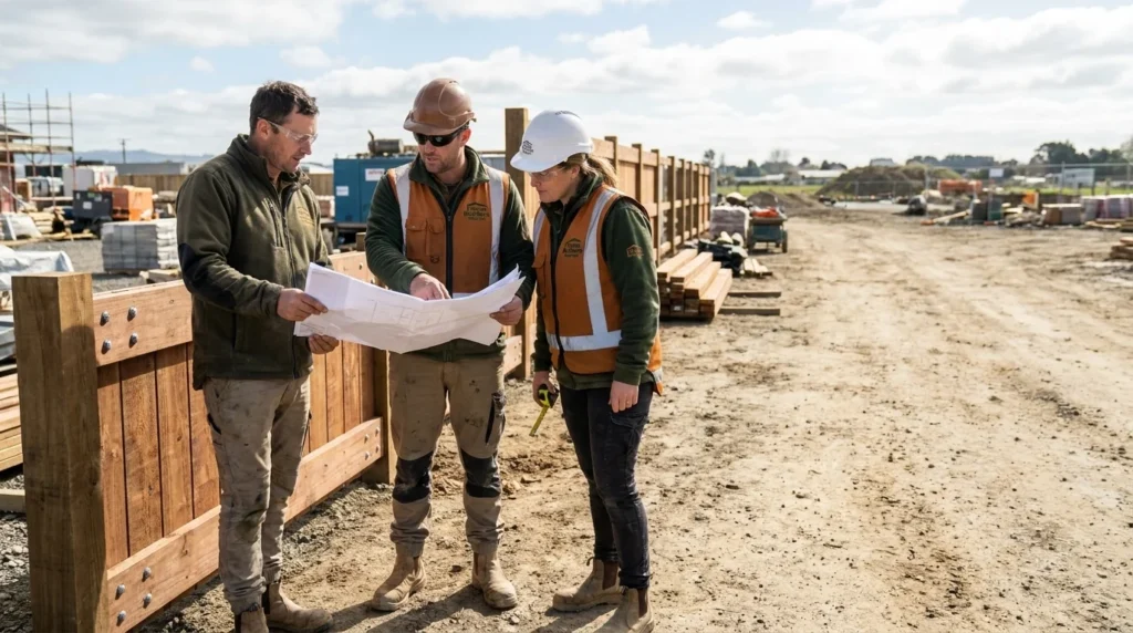 Fence Builders Napier crew reviewing structural blueprints for precision installation.