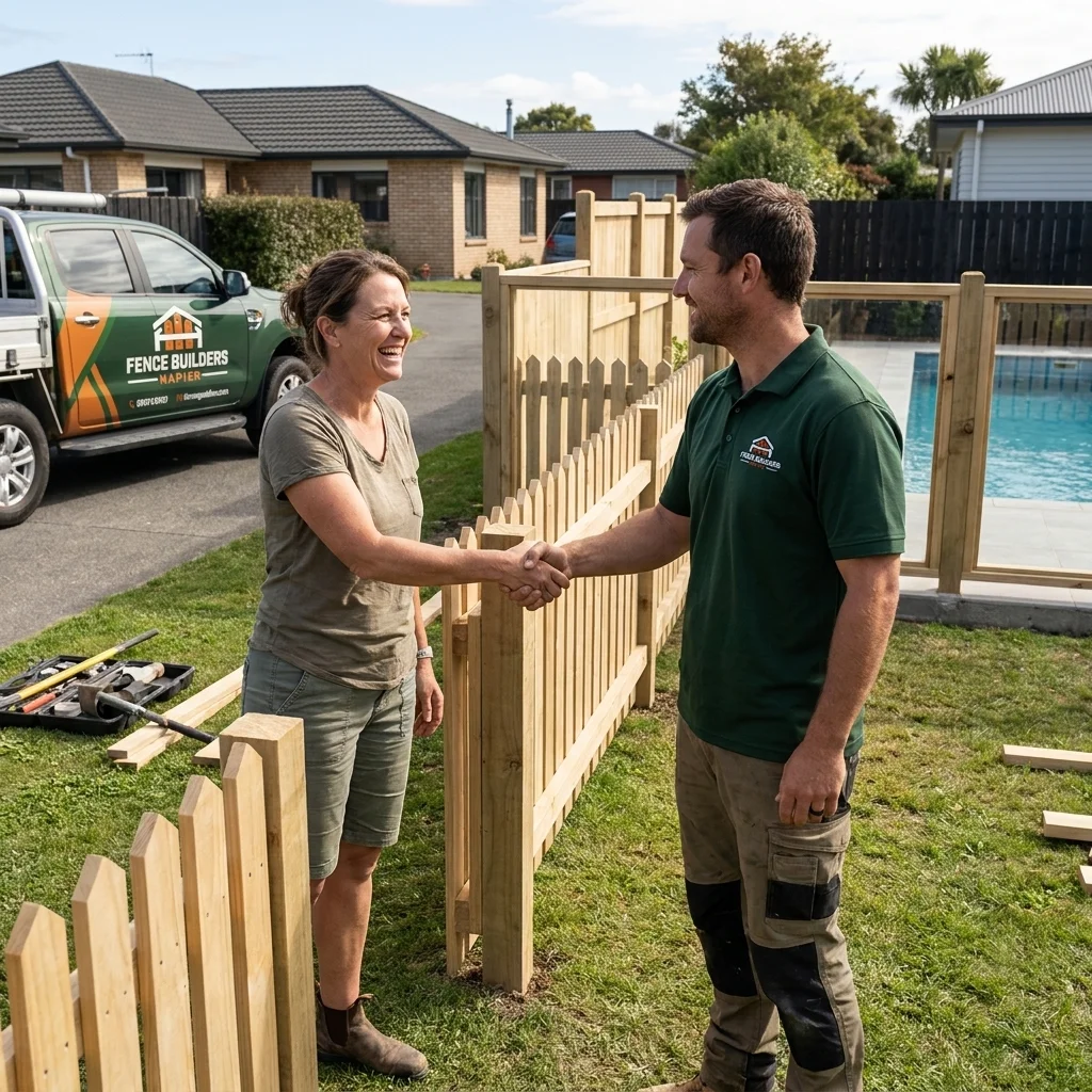 Happy client shaking hands with a representative from Fence Builders Napier after a successful installation.