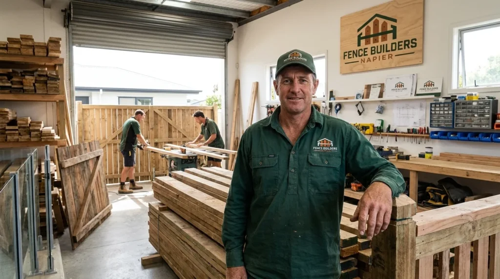 Expert craftsman in the workshop of Fence Builders Napier preparing quality timber materials.