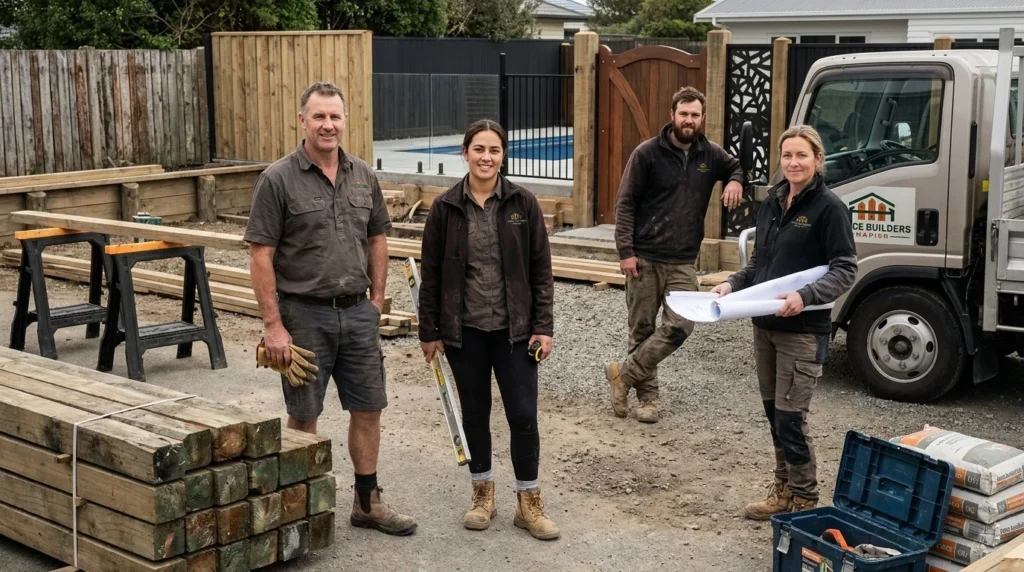 Experienced Fence Builders Napier team standing proudly with tools and materials on site.